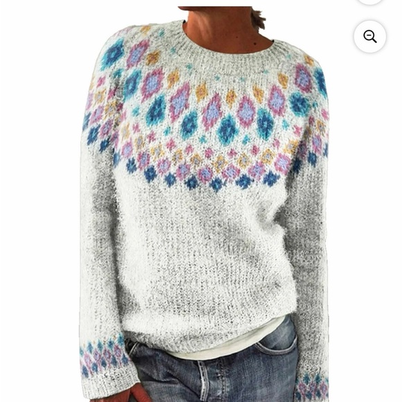 Women’s Fair Isle Sweater Casual Loose Warm Knitted Pullover Boatneck - Picture 9 of 9